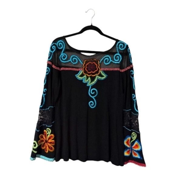 Vintage Collection Tops - Vintage Collection Embroidered Black Top with Colorful Floral/Butterfly Accents